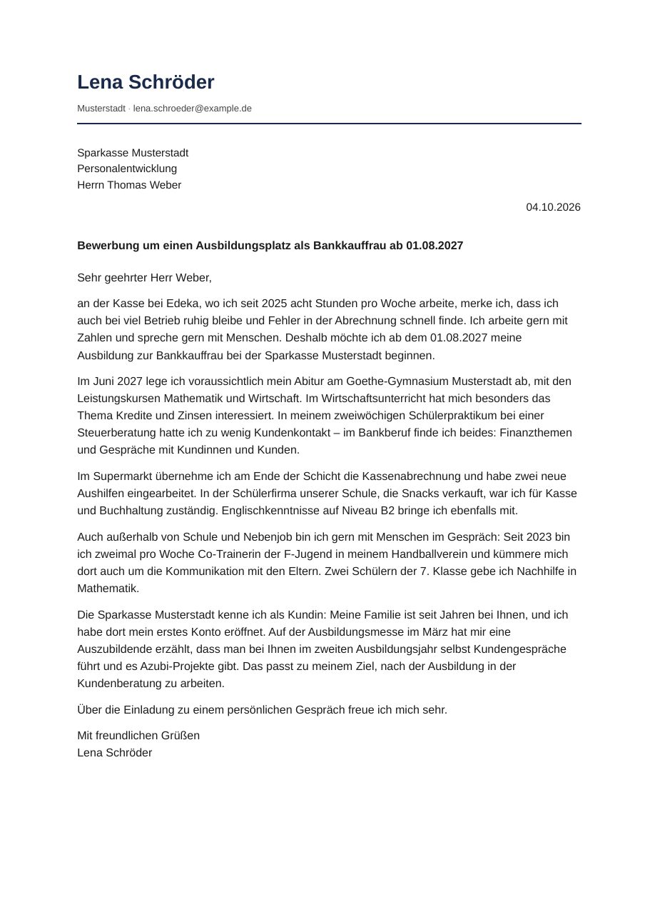 Anschreiben per un’Ausbildung (Bankkauffrau)